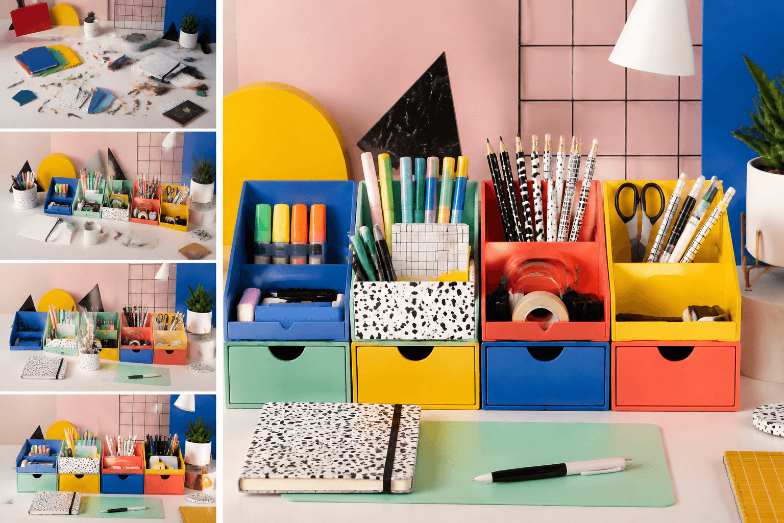 A fully organized colourful desk